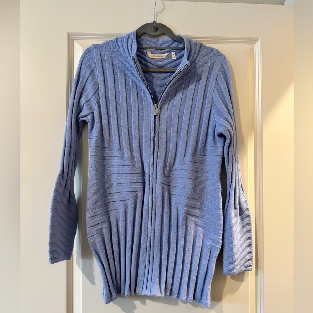 Soft Surroundings Crystalline Geometric Full Zip Blue Heron Fitted Sweater Small